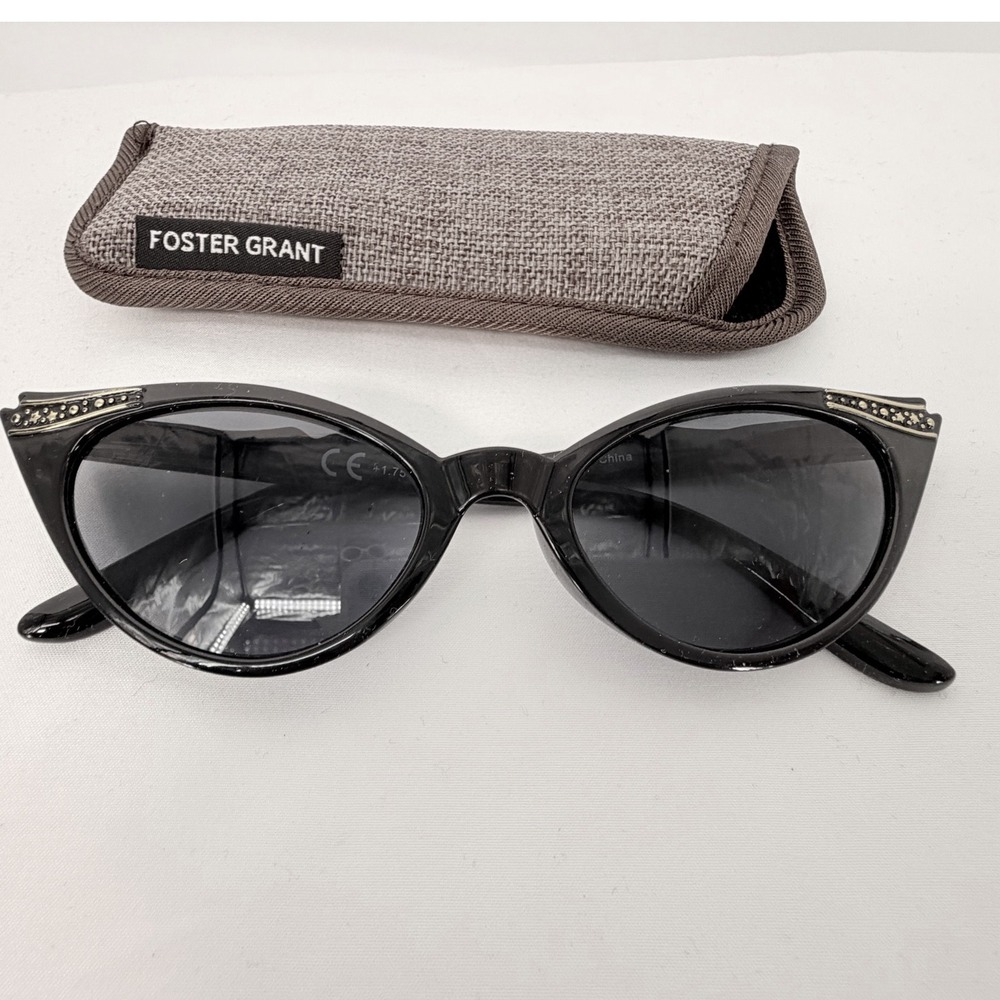 Foster Grant Cat Eye Reading Glasses Black Rhinestone Accent +1.75 w/Case 104-55 - Picture 8 of 11